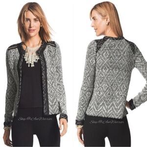 Chico's Women's Black Tweed Beaded Open-Front Cardigan Sweater Size Small